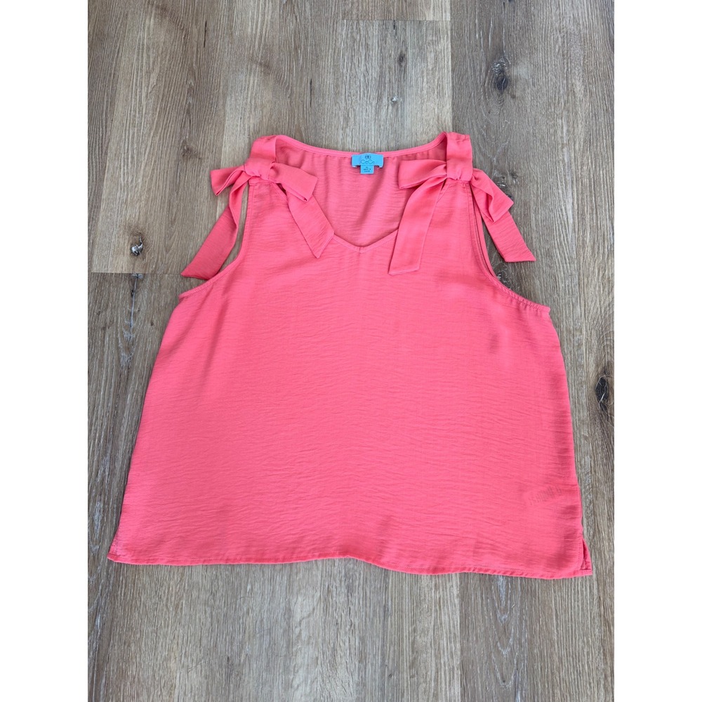 CeCe Minimalist Tie Shoulder Blouse Women XL Pink V-Neck Shell Bow Preppy Chic